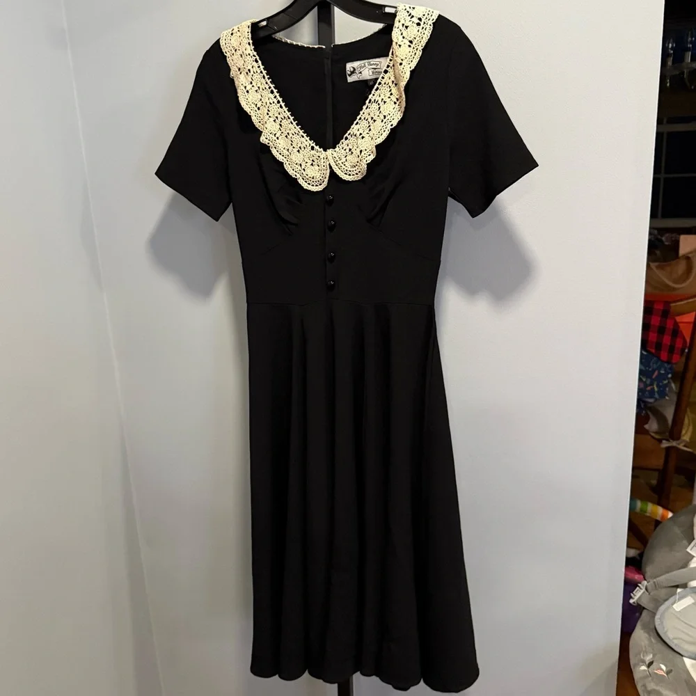 Hell Bunny Vixen Black Short Sleeve Dress Ivory Lace Collar, size XS NWT Hell Bunny Vixen Black Short Sleeve Dress Ivory Lace Collar, size XS NWT